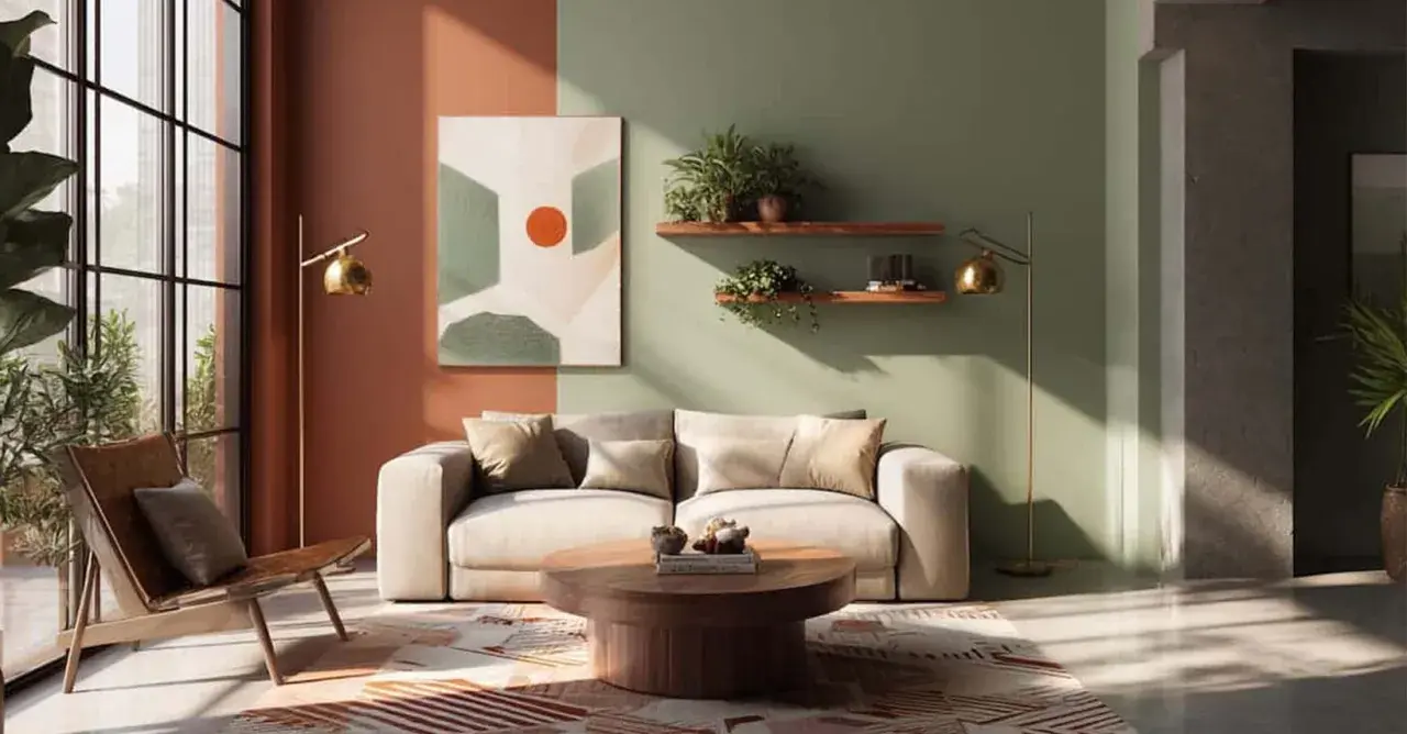 Salon moderne avec mur bicolore, une partie terracotta, l'autre verte. Canapé beige, fauteuil en cuir, table basse en bois.
