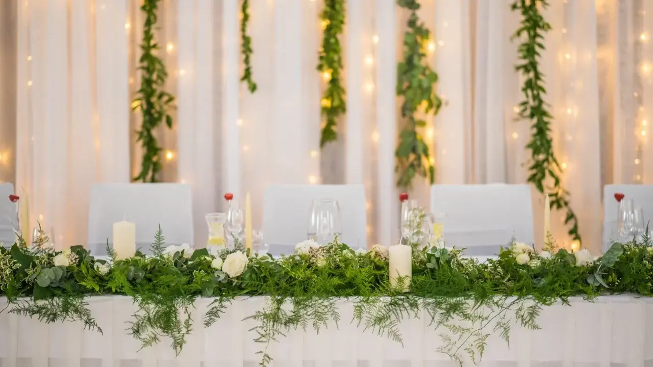 Stół weselny w stylu greenery, udekorowany bujną zielenią, białymi różami i świecami. Tło tworzą zwiewne zasłony i delikatne światełka.