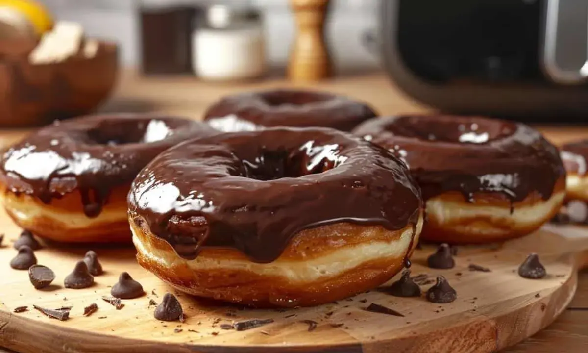 Un beignet au chocolat, généreusement glacé, repose sur une planche en bois. Des pépites de chocolat parsèment la scène.