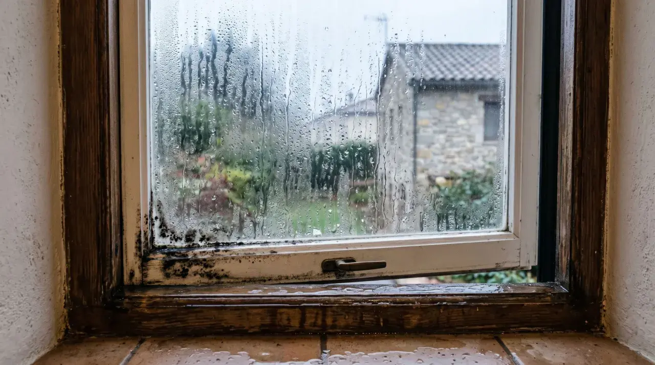 Marco de ventana con moho y gotas de agua. La humedad se acumula en el cristal, empañándolo y dificultando la vista del exterior.
