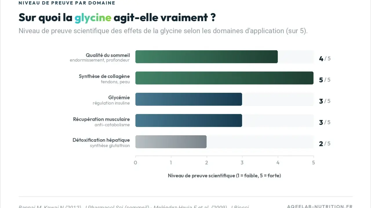 Graphique montrant les glycine bienfaits : sommeil (4/5), collagène (5/5), glycémie (3/5), récupération musculaire (3/5), détox hépatique (2/5).