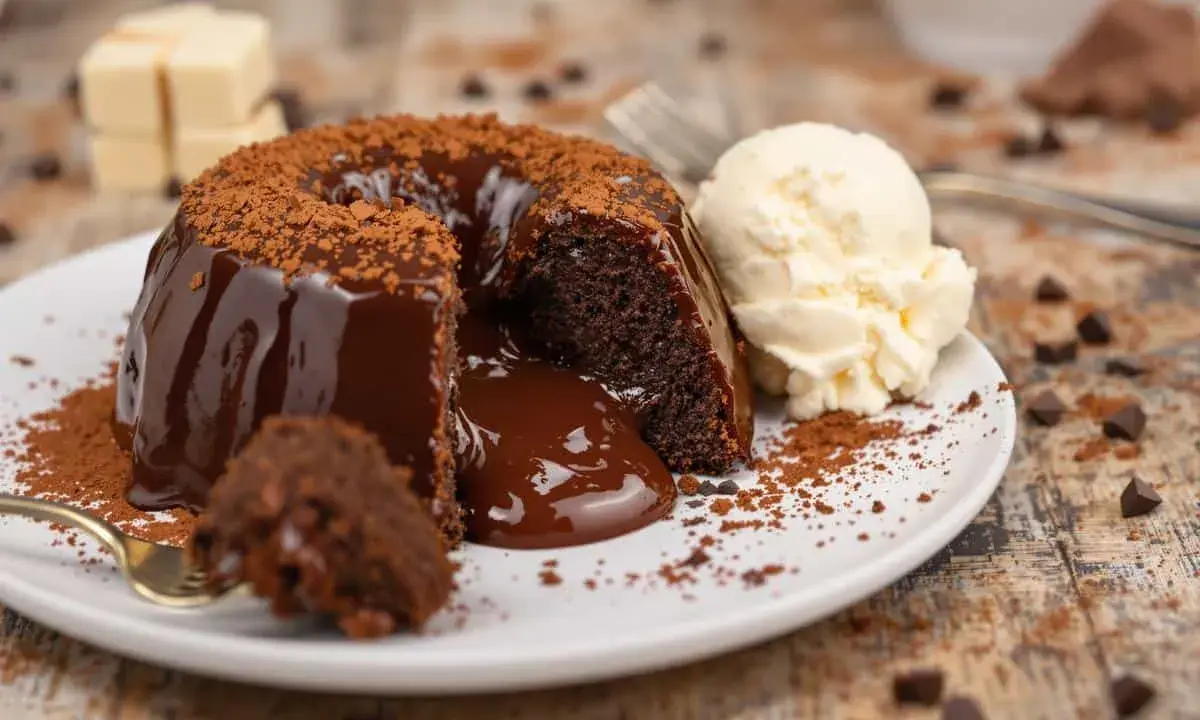 Gâteau au chocolat coulant, illustrant la différence entre moelleux et fondant. Servi avec une boule de glace à la vanille.