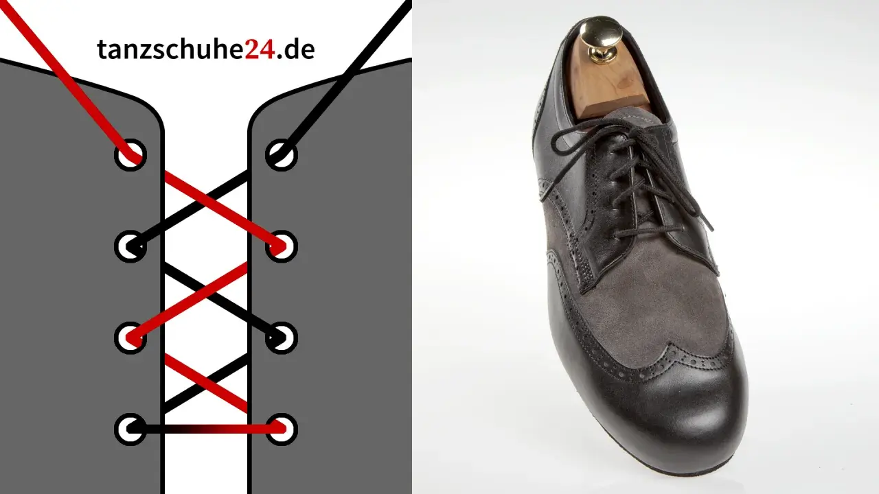 Anleitung zum Anzugschuhe binden: Links zeigt eine Grafik mit roten und schwarzen Schnürsenkeln, rechts ein eleganter Schuh.