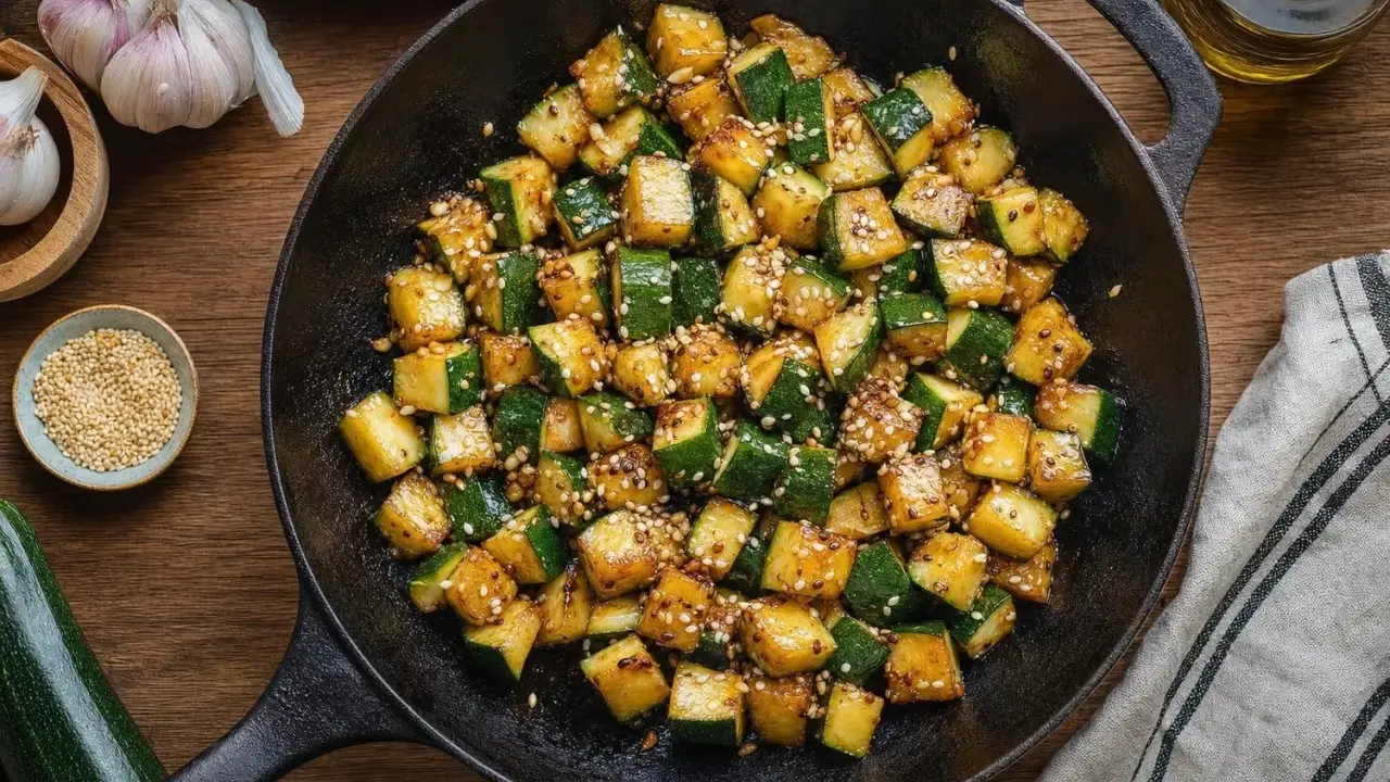 Courgettes sautées, parsemées de sésame, dans une poêle. Une idée pour les meilleures recettes de courgettes.
