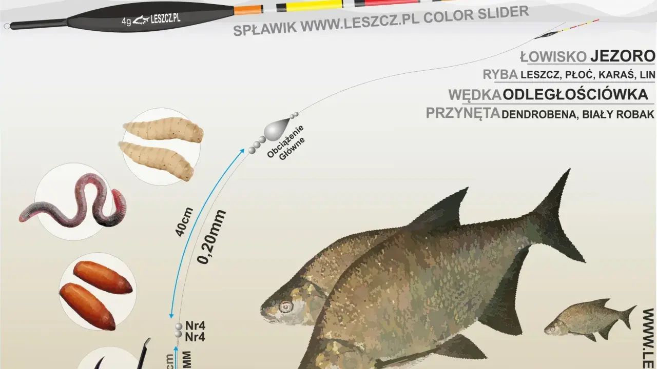 Wędka odległościówka z kolorowym spławikiem, żyłką 0,20mm, haczykiem Owner i przynętą na leszcze, płocie, karasie i liny.