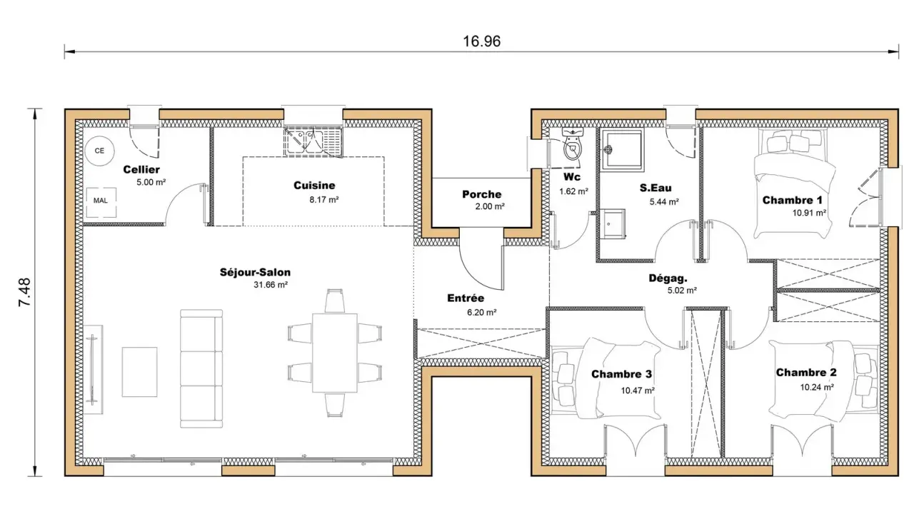 Plan de maison simple avec séjour-salon, cuisine, cellier, entrée, WC, S.Eau, et trois chambres.