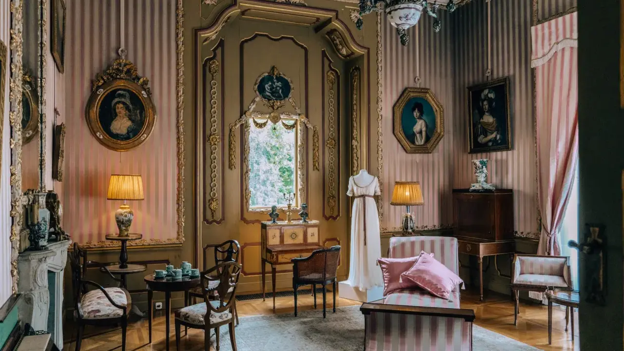 Eleganckie wnętrze pałacu w Nieborowie. W pokoju z różowo-białymi pasami na ścianach, zabytkowe meble, obrazy i manekin w sukni.