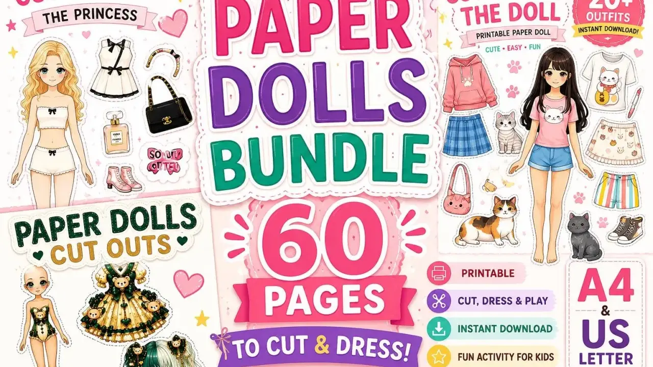 Paper dolls da stampare e colorare, un bundle di 60 pagine per creare e vestire bambole di carta con tanti outfit e accessori.