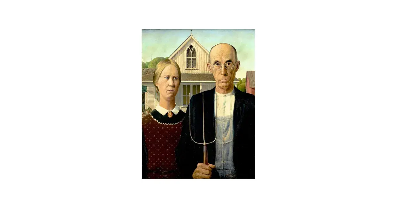 This famous picture of farmer and wife depicts a stoic couple standing before a Gothic-style farmhouse. The farmer holds a pitchfork.