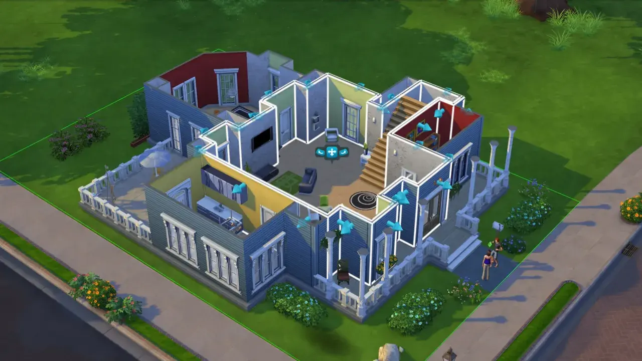 Widok domu z gry The Sims 4, z widocznymi modyfikacjami i zaznaczonymi elementami.