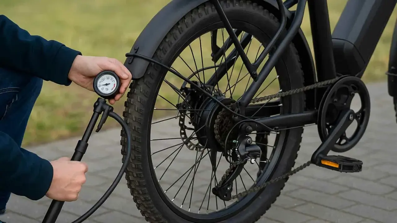 Maintenir la pression pneu vélo électrique optimale pour une meilleure autonomie et un confort de conduite. Un manomètre est utilisé pour vérifier le gonflage.