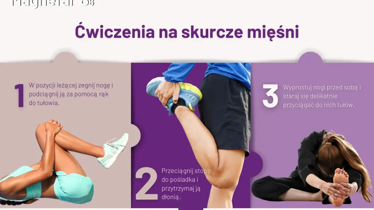 Trzy ćwiczenia rozciągające mięśnie ud: leżąc, stojąc i w skłonie.