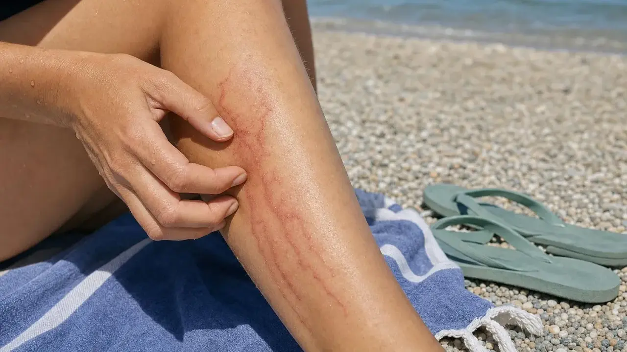 Una persona si gratta il segno rosso sulla gamba, ricordo di un incontro ravvicinato con una medusa. Ecco perché le meduse pungono.