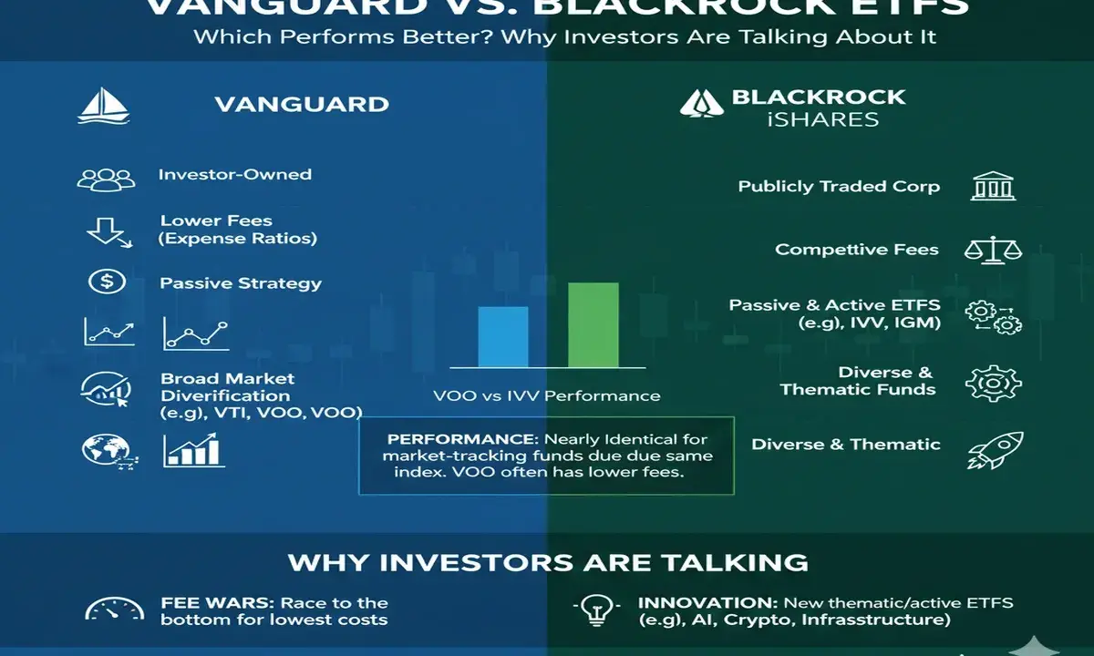 Porównanie Vanguard i BlackRock: inwestorzy rozmawiają o niższych opłatach, pasywnych strategiach i dywersyfikacji.