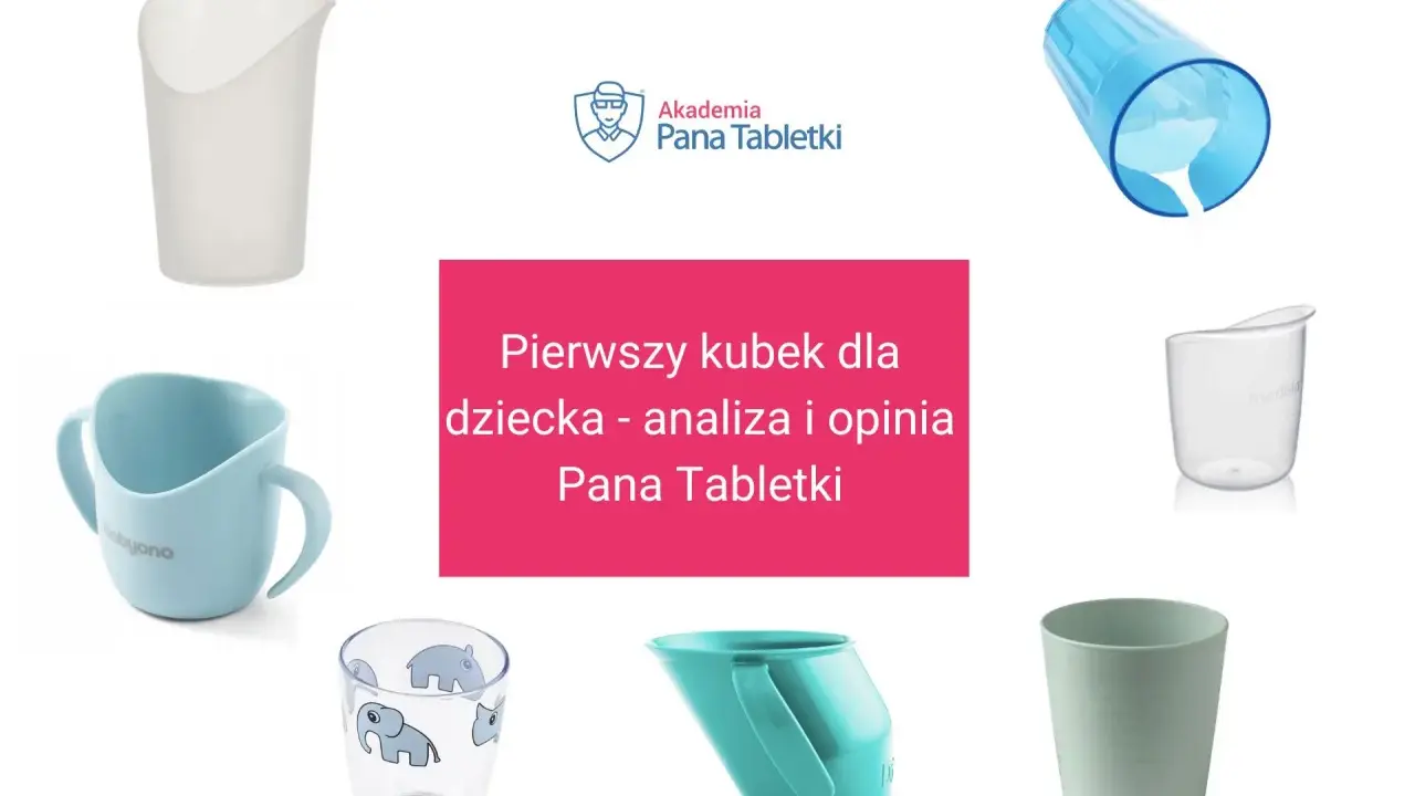 Różne kubki dla dzieci, w tym pierwszy kubek dla niemowlaka.