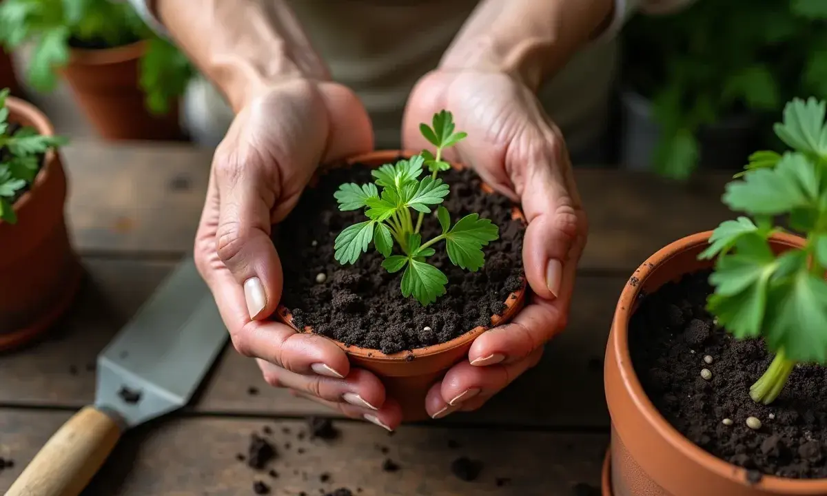 Mains tenant un jeune plant de persil, signe d'un bon temps germination persil. Une petite pelle est à côté.