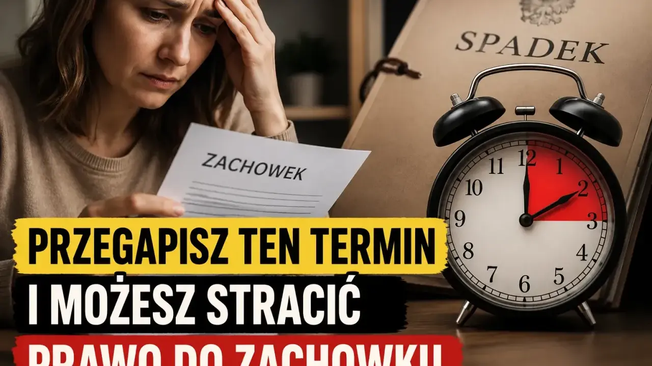 Zmartwiona kobieta trzyma dokument "Zachowek". Obok budzik i akta spadkowe. Uważaj na przedawnienie, by nie stracić prawa do zachowku.