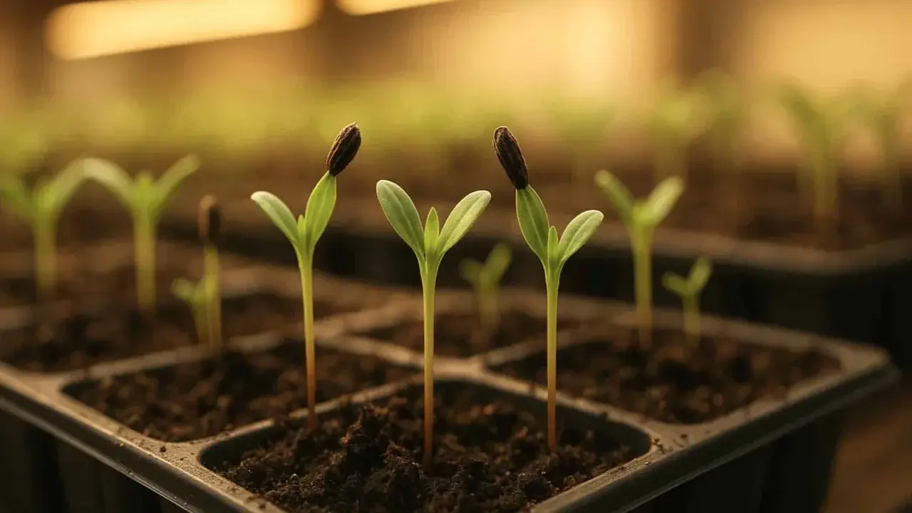 Små plantor med fröskal kvar på bladen växer i en odlingstråg. Kanske är det solrosor eller så tagetes som snart ska planteras ut.
