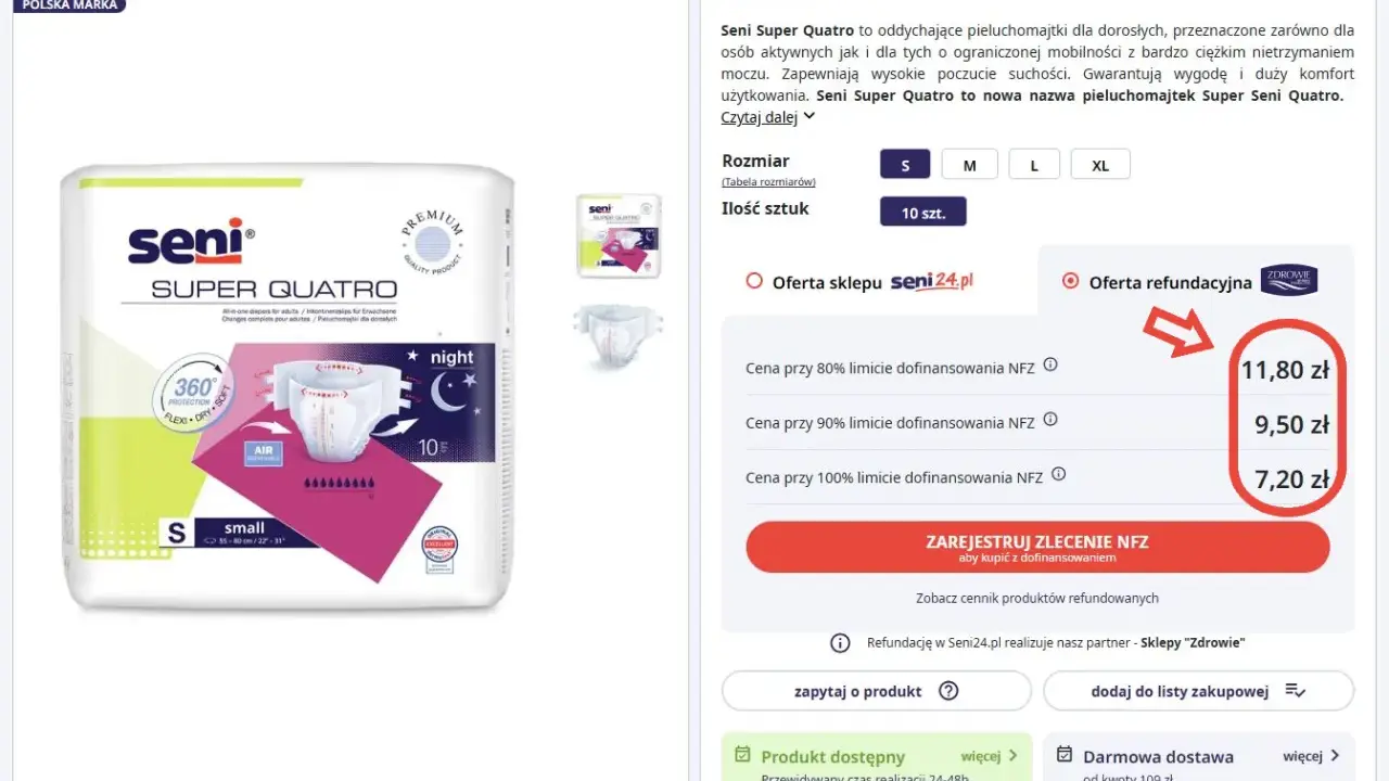 Pieluchomajtki na receptę Seni Super Quatro, rozmiar S, 10 szt. Cena z refundacją NFZ od 7,20 zł.