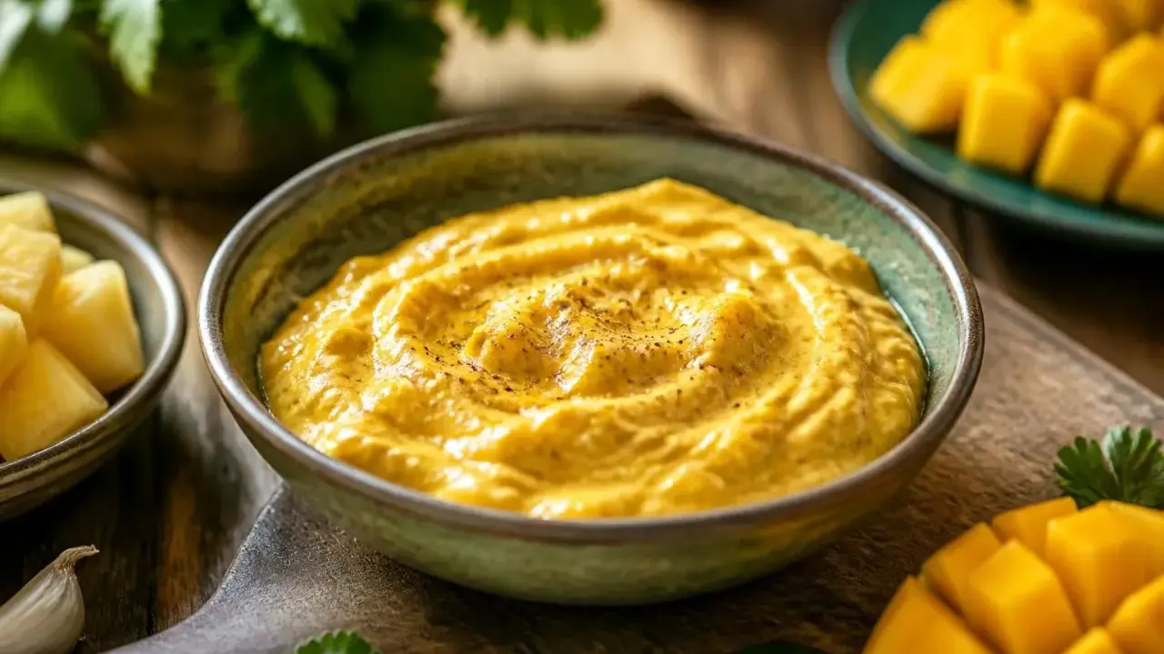 Cremiger, goldgelber Mango Curry Dip mit Pfeffer bestreut, daneben frische Mangostücke, Koriander und Knoblauch.