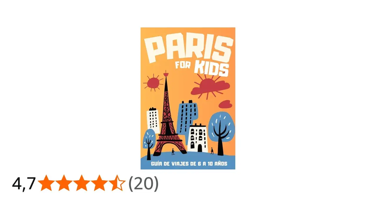 Guía "Paris for Kids" con la Torre Eiffel y edificios estilizados. Ideal para descubrir qué ver en París con niños.