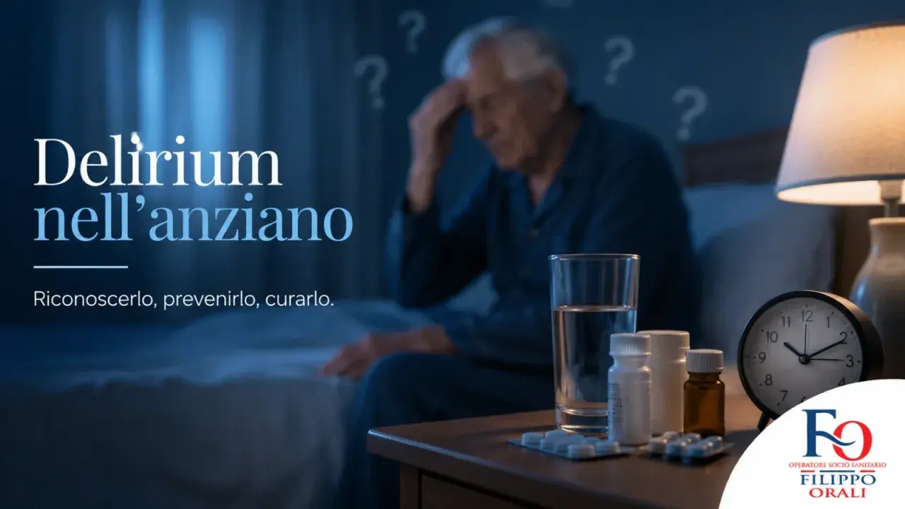 Un anziano confuso, con punti interrogativi sullo sfondo, affronta il delirio notturno. Sul comodino, farmaci e un bicchiere d'acqua.