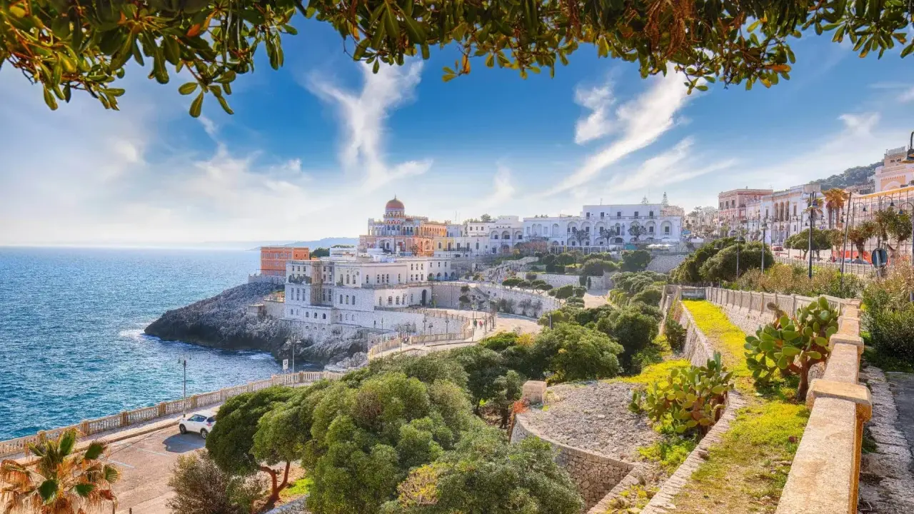 Panoramica di un borgo costiero con edifici bianchi e colorati, mare blu e vegetazione mediterranea. Ecco cosa vedere a La Maddalena, un gioiello pugliese.