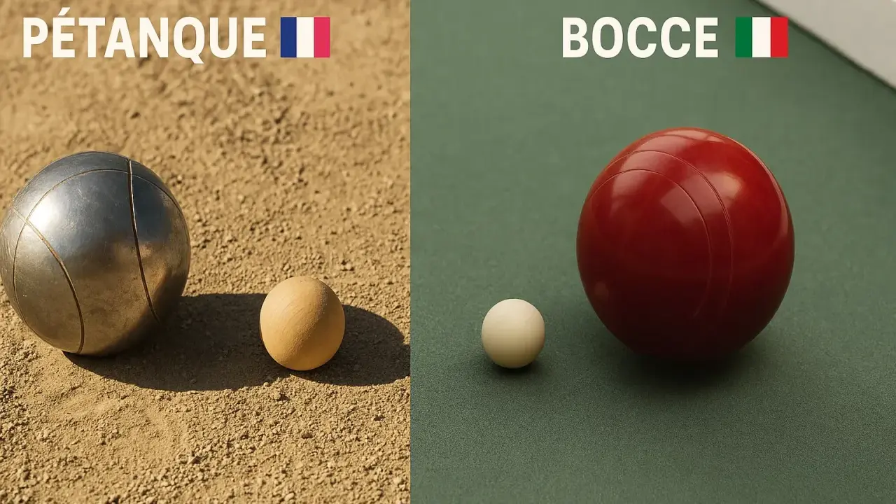 Comparaison visuelle entre les boules de pétanque françaises et les boules de bocce italiennes, montrant leurs différences de taille et de matière.