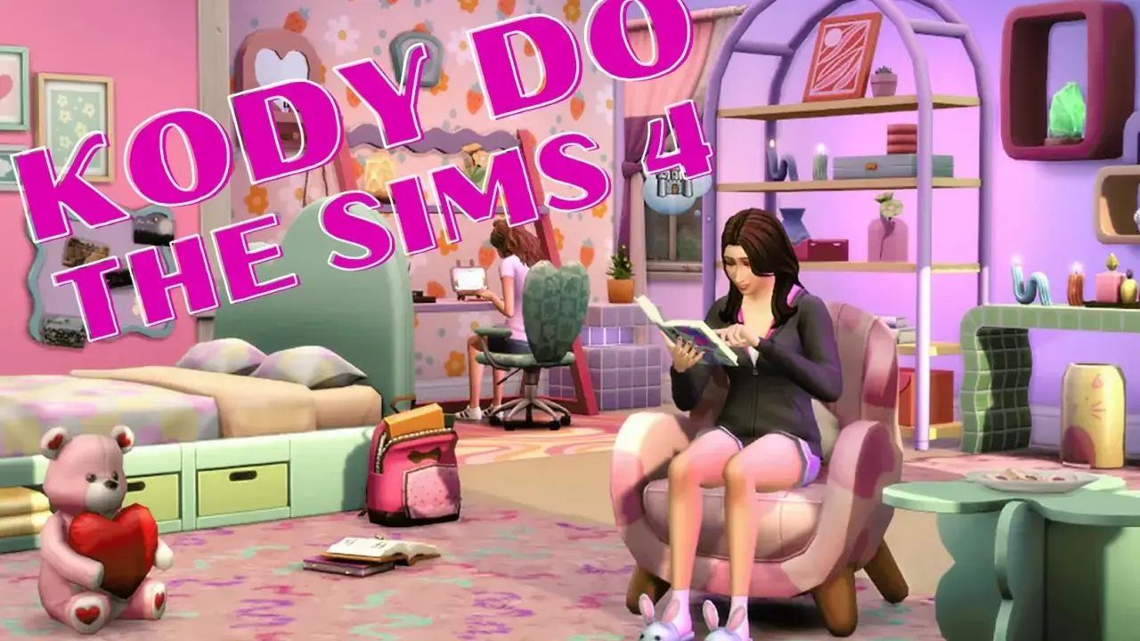 Kody do The Sims 4. Dziewczyna czyta książkę w różowym pokoju, obok łóżko i pluszowy miś.