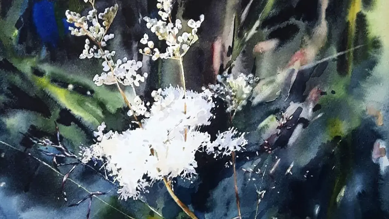 Vattenfärgsmålning av vita blommor i mörkgrönt, där tekniken att måla vått i vått ger en drömsk känsla.