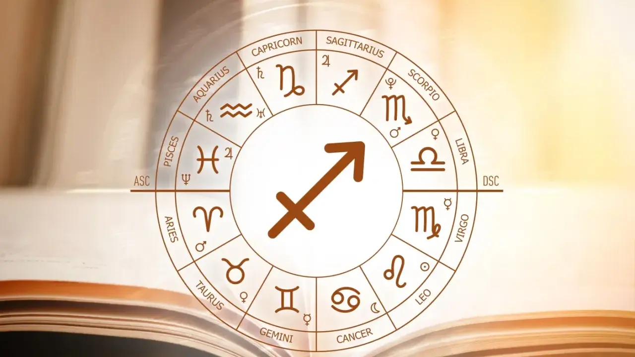 Koło zodiaku z symbolem Strzelca w centrum, otoczone znakami i nazwami zodiaku. Symbolika astrologiczna, jakby z księgi wiedzy, nawiązuje do numerologicznego 5 roku.