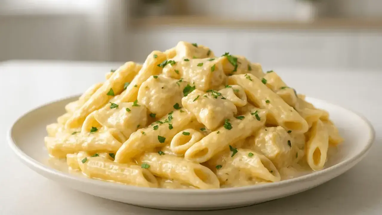 Penne z kremowym sosem serowym i posiekaną natką pietruszki, danie idealne na szybki obiad.