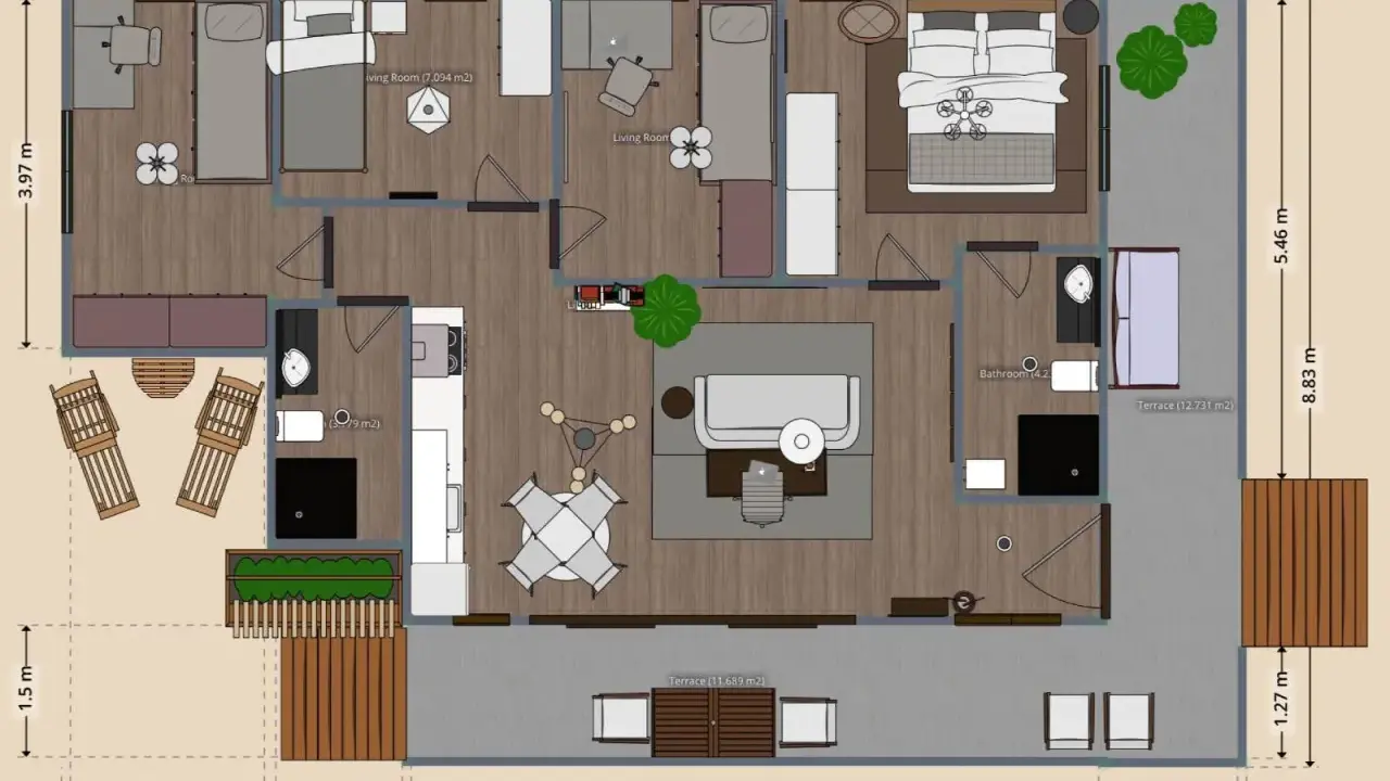 Plano de casas de dos plantas sencillas con terraza. Incluye habitaciones, sala de estar, baño y cocina.