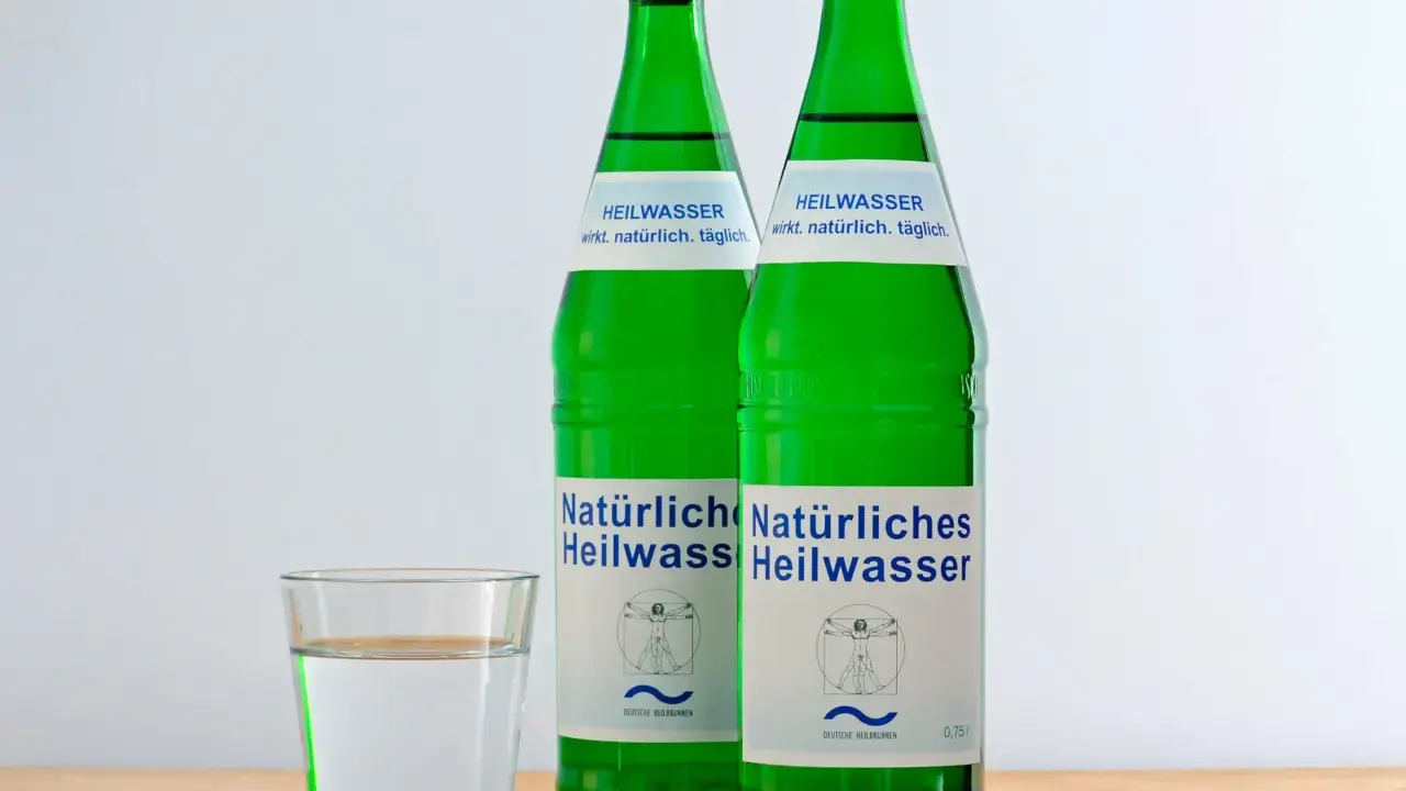 Zwei grüne Flaschen Heilwasser und ein Glas Wasser. Ein Glas Wasser vor dem Schlafengehen trinken kann beim Abnehmen helfen.
