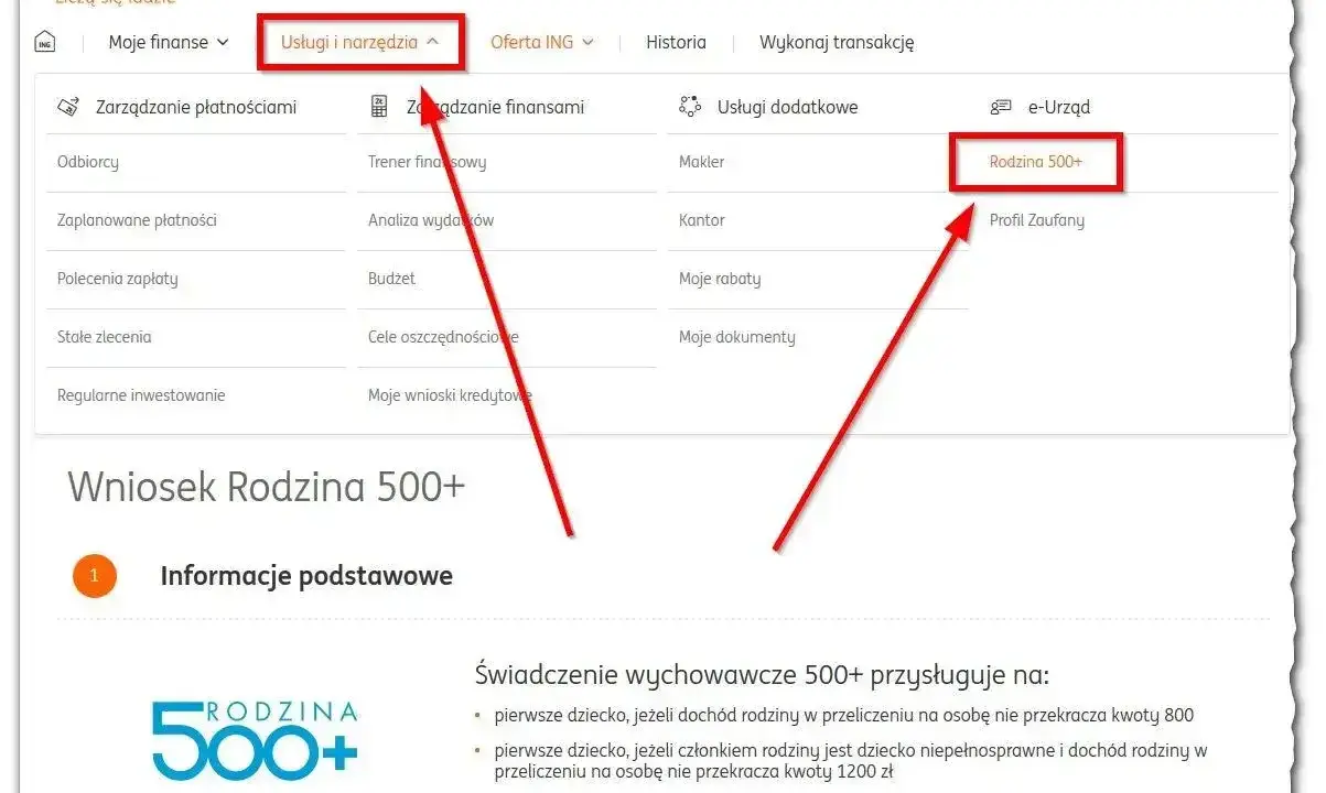 Wniosek Rodzina 500+ w ING. Kliknij "Usługi i narzędzia", a następnie "Rodzina 500+" by złożyć wniosek.