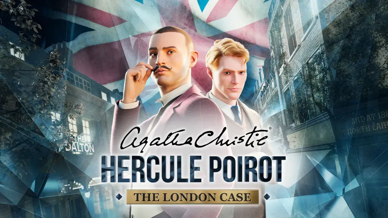 Herkules Poirot w Londynie, w tle brytyjska flaga i kamienice. Detektyw w tweedowej marynarce i z charakterystycznymi wąsami.