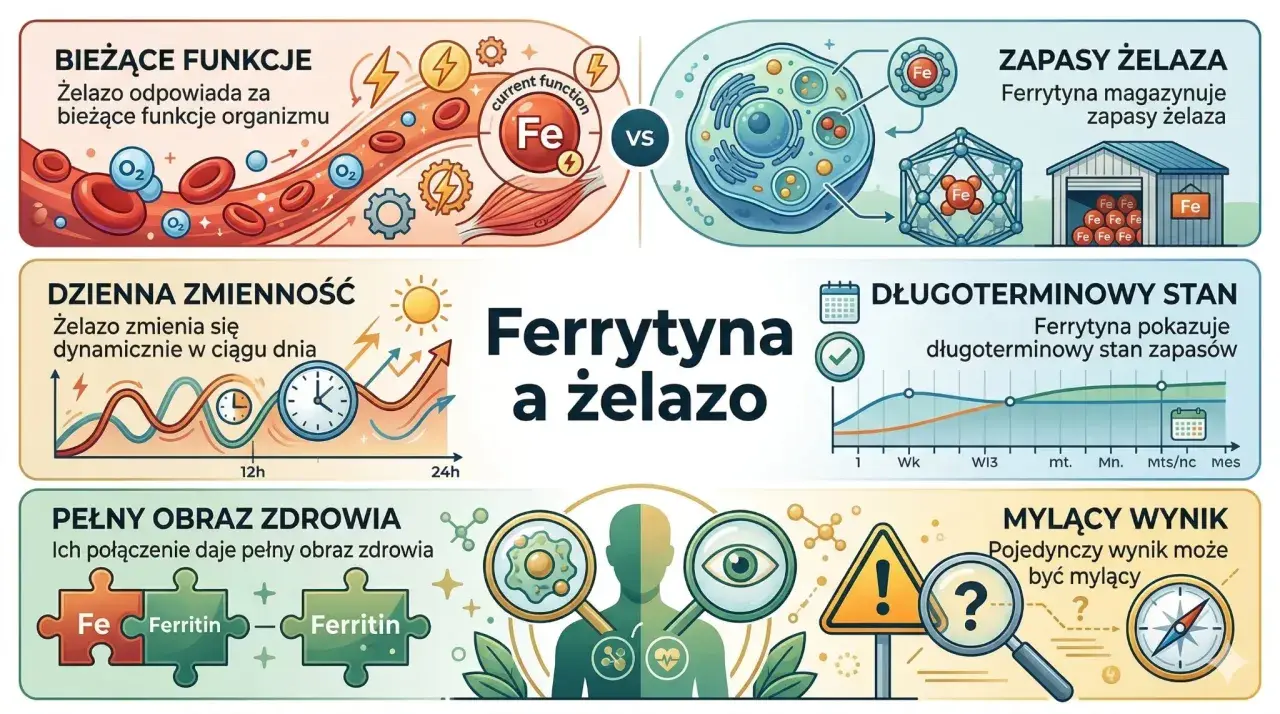 Niska ferrytyna u dziecka może wpływać na bieżące funkcje organizmu i zapasy żelaza. Ilustracja pokazuje związek ferrytyny z żelazem.