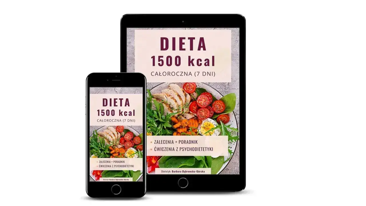 Smartfon i tablet prezentują aplikację "Dieta 1500 kcal" z posiłkami i ćwiczeniami.