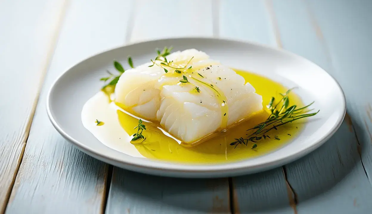 Delicioso bacalao confitado en aceite de oliva, adornado con hierbas frescas.