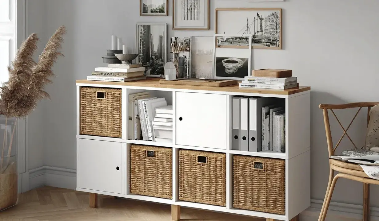 Kallax Ideen Arbeitszimmer: Ein weißes Regal mit Holzplatte, gefüllt mit Körben, Büchern und Ordnern. Perfekt für ein aufgeräumtes Büro.