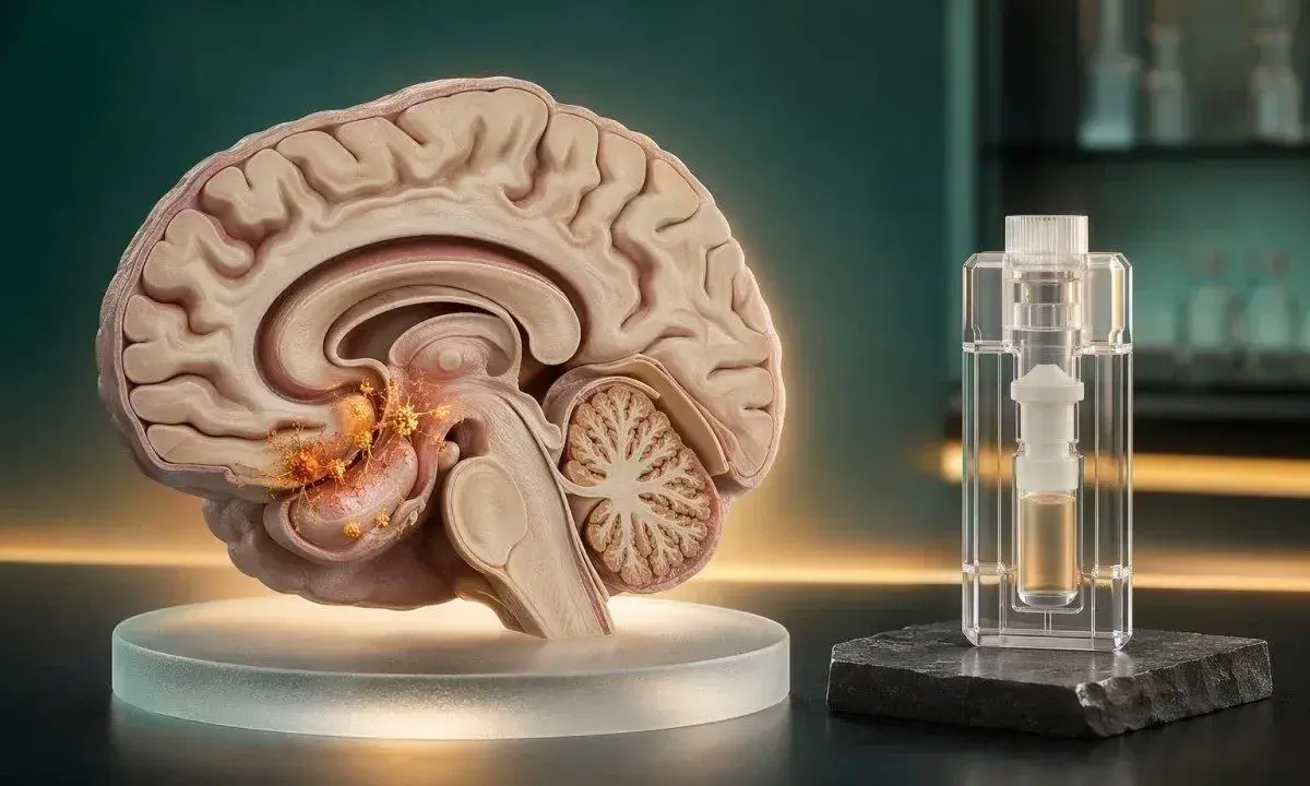 Sezione di cervello con segni di Alzheimer e provetta. Ricerca sui quali esami del sangue per Alzheimer.