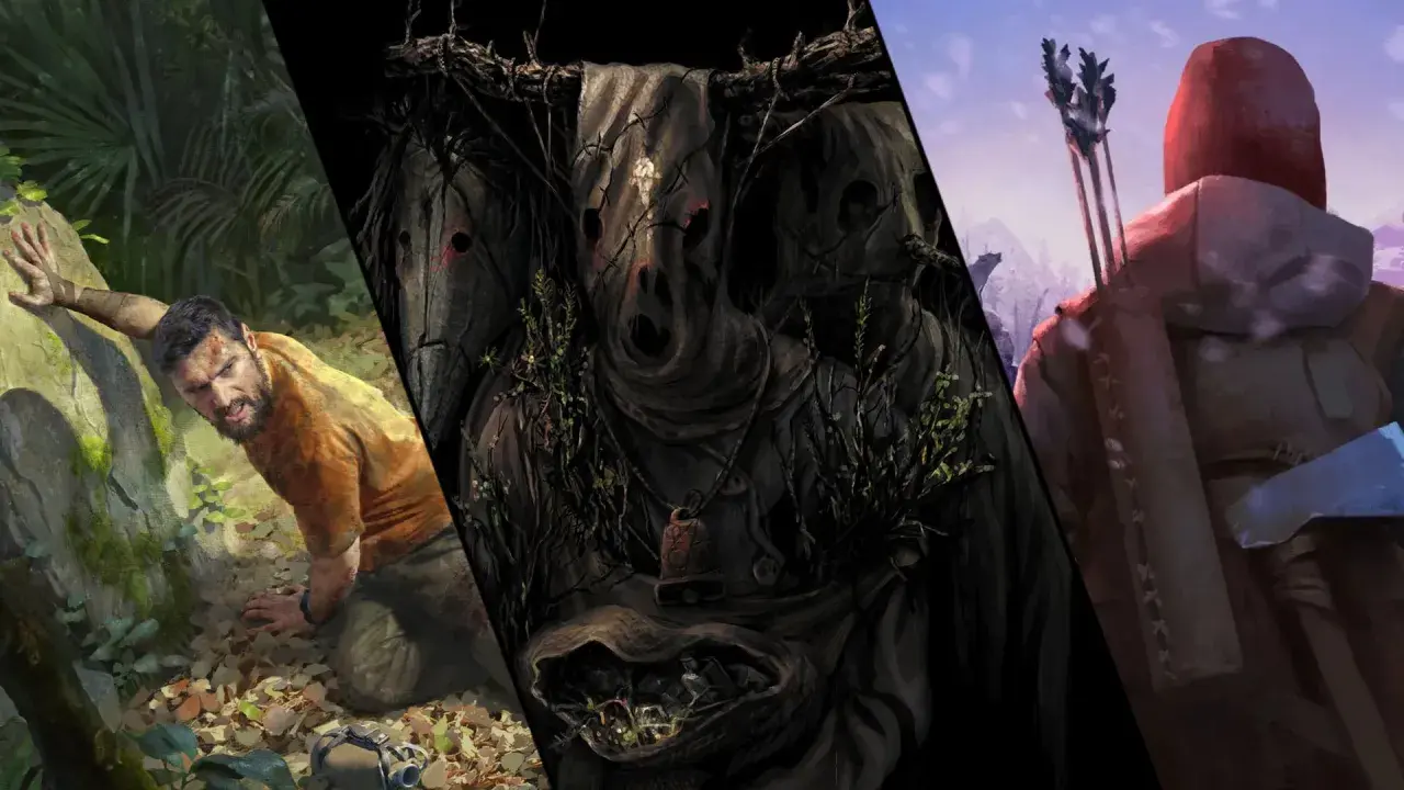 Mroczne, niepokojące grafiki z gier podobnych do The Forest: przerażające maski, zdesperowany mężczyzna w dżungli i łucznik w zimowym krajobrazie.