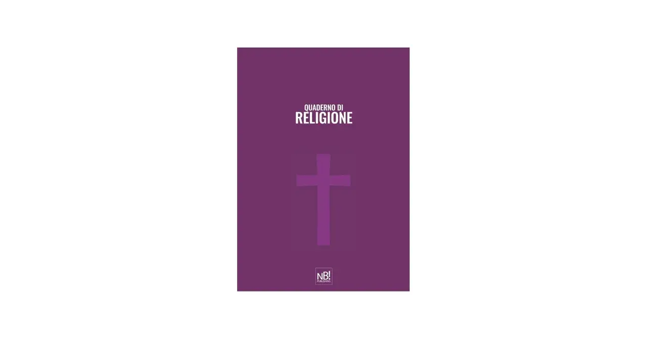 Copertina di religione per le scuole medie, con una croce viola su sfondo viola e il logo NB! Publishing.