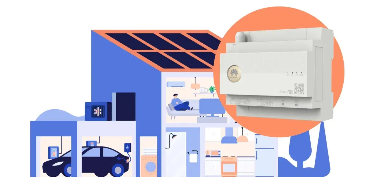 En illustration av ett smart hem med solpaneler, elbil och en Huawei växelriktare som styr energin.