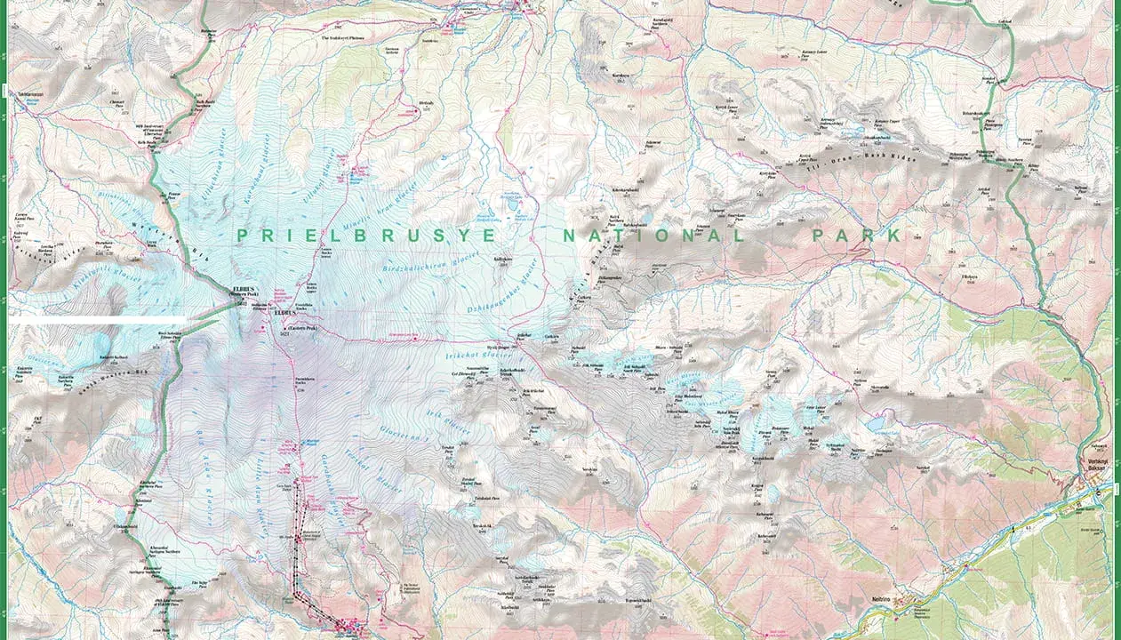 Mapa turystyczna z zaznaczonymi szlakami i lodowcami w rejonie gór z Elbrusem.
