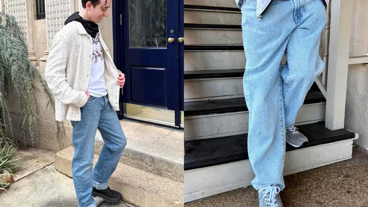 A man models a stylish denim outfit, featuring light-wash jeans and a textured jacket.