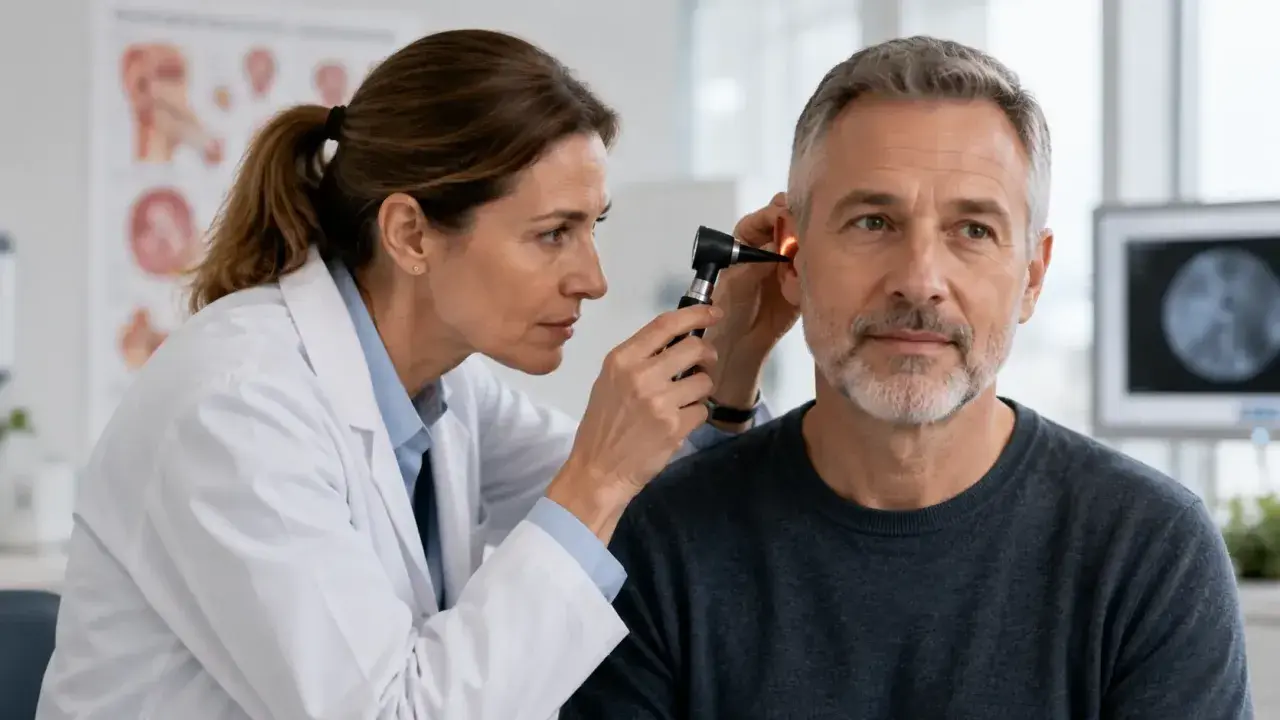 Arzt untersucht Ohr eines Mannes mit Tinnitus. Vielleicht hilft Ginkgo.