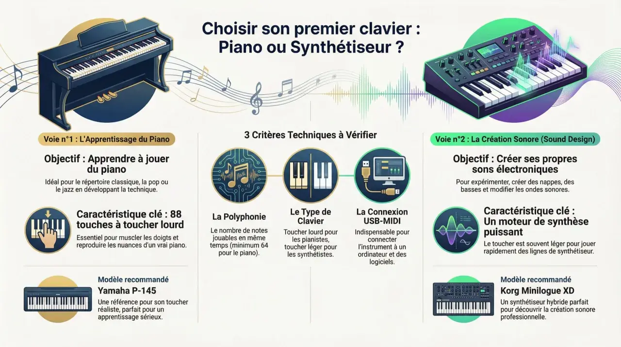 Comparaison entre un piano et un synthétiseur pour débutant, avec leurs caractéristiques et modèles recommandés.