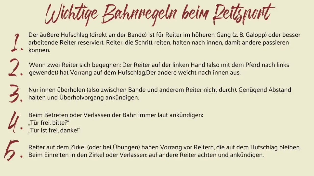 Wichtige Bahnregeln beim Reitsport: Reiter auf der linken Hand haben Vorrang. Beim Überholen auf der rechten Hand Abstand halten.