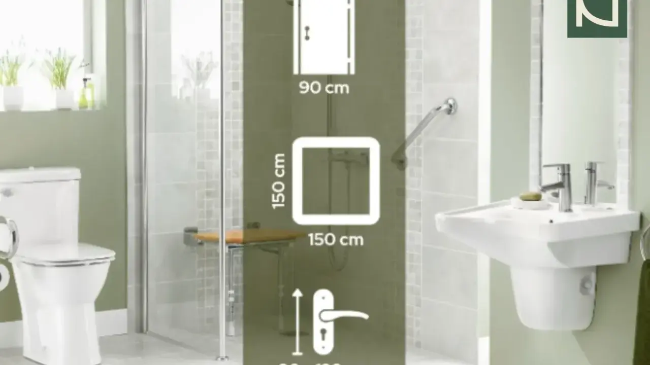 Wymiary łazienki dla niepełnosprawnych: drzwi 90 cm, przestrzeń manewrowa 150x150 cm, uchwyt 80-120 cm.